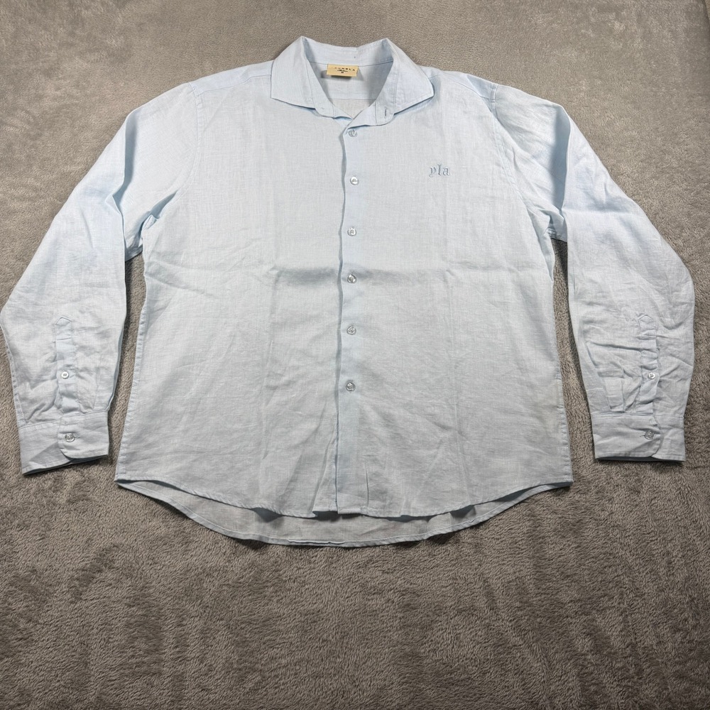 YoungLA 100% Linen Shirt Mens‎ Medium Light Blue Button Up Long Sleeve #825